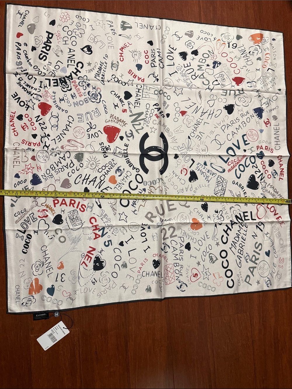 CHANEL White Silk Square Scarf with Multicolor Doodle Motifs
